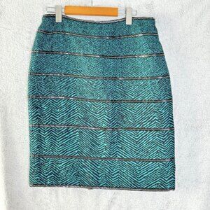 Carlisle Turquoise Black Print Wool Skirt Size 8 Lined Chain Detail